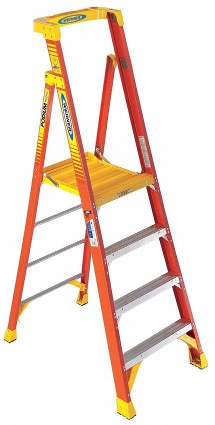 WERNER Podium Stepladder: 6 ft Overall Ht, Fiberglass, 300 lb Load Capacity - Max, 27 lb Wt