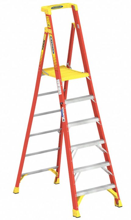 WERNER Podium Stepladder: 8 ft Overall Ht, Fiberglass, 300 lb Load Capacity - Max, 33 lb Wt
