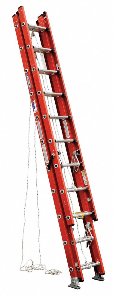 WERNER Extension Ladder: 28 ft Ladder Size, Fiberglass, 300 lb Load Capacity, 75 lb Wt, 3 Sections