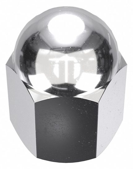 Cap Nut: 1/4"-28 Thread, Chrome Plated, Not Graded, Steel, 0.625 in Ht, 7/16 in Hex Wd, 5 PK