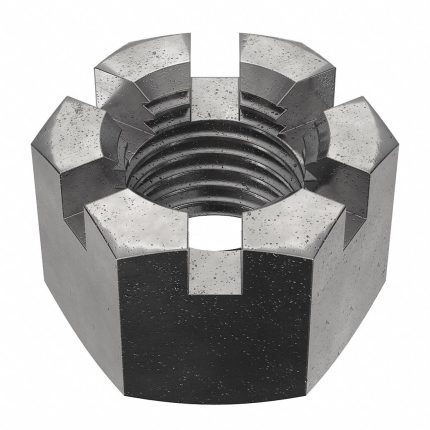 Castle Nut: Slotted Castle, M30-3.50 Thread Size, Steel, Class 4, Black Oxide, 46 mm Hex Wd, 5 PK