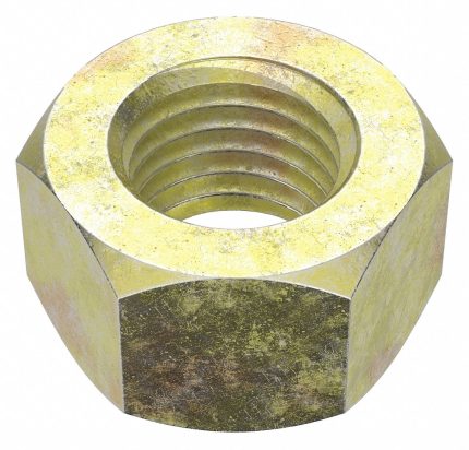 Hex Nut: 1 1/8"-7 Thread, 1 11/16 in Hex Wd, 31/32 in Hex Ht, Steel, Grade 8, Zinc Yellow, 5 PK
