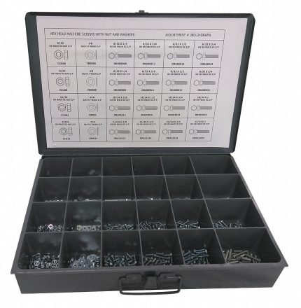 Hex Head Cap Screw Assortment: Steel, Zinc-Plated, Inch, 1,600 Pieces, #10/#12/#6/#8, Metal Box