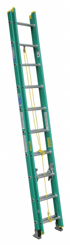 WERNER Extension Ladder: 20 ft Ladder Size, Fiberglass, 225 lb Load Capacity, 33 lb Wt, 2 Sections