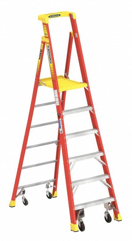 WERNER Podium Stepladder: 8 ft Overall Ht, Fiberglass, 300 lb Load Capacity - Max, 43 lb Wt