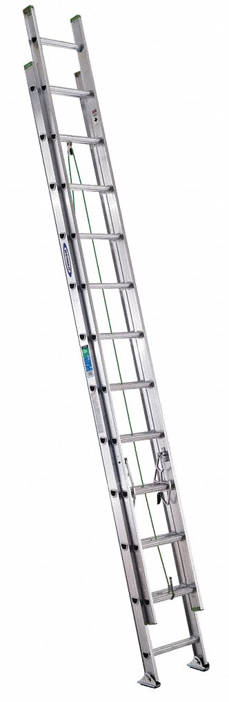 WERNER Extension Ladder: 24 ft Ladder Size, Aluminum, 225 lb Load Capacity, 34 lb Wt, 2 Sections