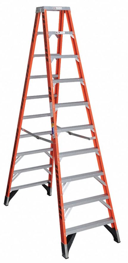 WERNER Twin Stepladder: 10 ft Ladder Size, Fiberglass, 375 lb Load Capacity, 54 lb Wt