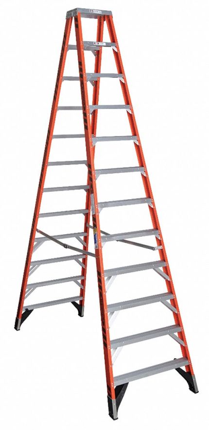 WERNER Twin Stepladder: 12 ft Ladder Size, Fiberglass, 375 lb Load Capacity, 67 lb Wt