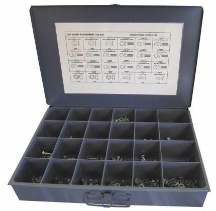 Hex Head Cap Screw Assortment: Steel, Zinc-Plated, Inch, 714 Pieces, Metal Box, Flat Washer Included