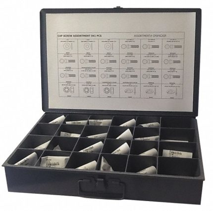 Hex Head Cap Screw Assortment: Steel, Zinc-Plated, Inch, 898 Pieces, Metal Box, Flat Washer Included