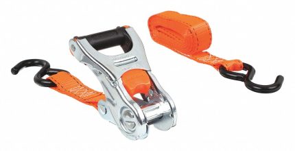 Tie Down Strap: Ratchet, S-Hook, Gen Purpose, 1 in Wd, 500 lb WLL, Orange, 10 ft Lg, 4 PK