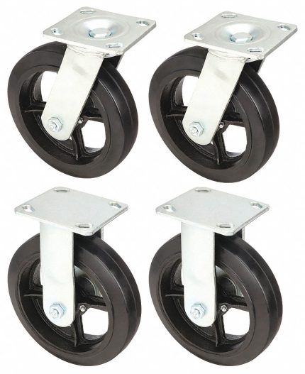 APPROVED VENDOR Plate Casters: Rigid/Swivel, No Brake, Rubber, 8 in Wheel Dia, 2 in Wheel Wd, 4 PK