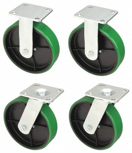 APPROVED VENDOR Plate Casters: Rigid/Swivel, No Brake, Polyurethane, 8 in Wheel Dia, Roller, 4 PK