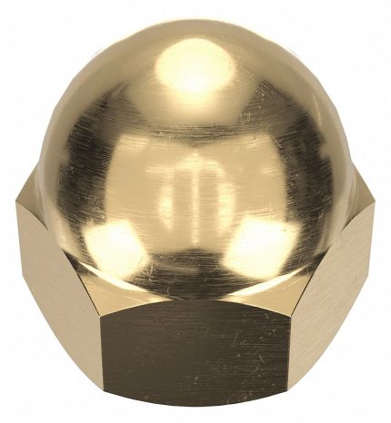 Cap Nut: Low Crown, #12-24 Thread, Plain, Not Graded, Brass, 0.406 in Ht, 3/8 in Hex Wd, 10 PK