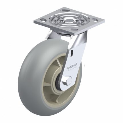 APPROVED VENDOR Plate Caster: Swivel, No Brake, Rubber, 6 in Wheel Dia, 2 in Wheel Wd, Slot, Ball